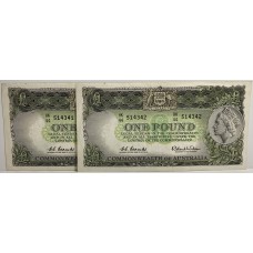 AUSTRALIA 1961 . ONE 1 POUND BANKNOTES . CONSECUTIVE PAIR